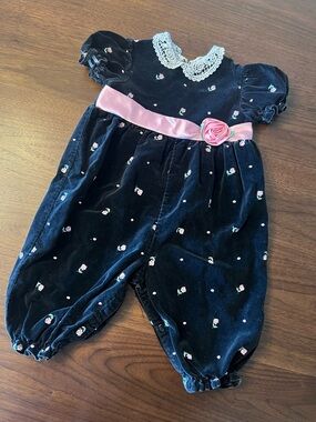 Vintage Velvet Baby Romper with Pink Rose Belt